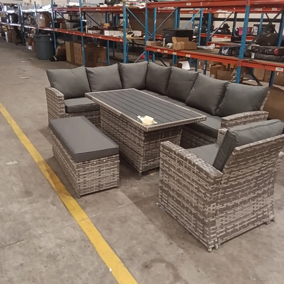 ROSEN 9 SEATER ALUMINIUM DINING TABLE TOP WITH STORAGE BENCH AND ARMCHAIR - GREY ( TABLE LEANS ) 