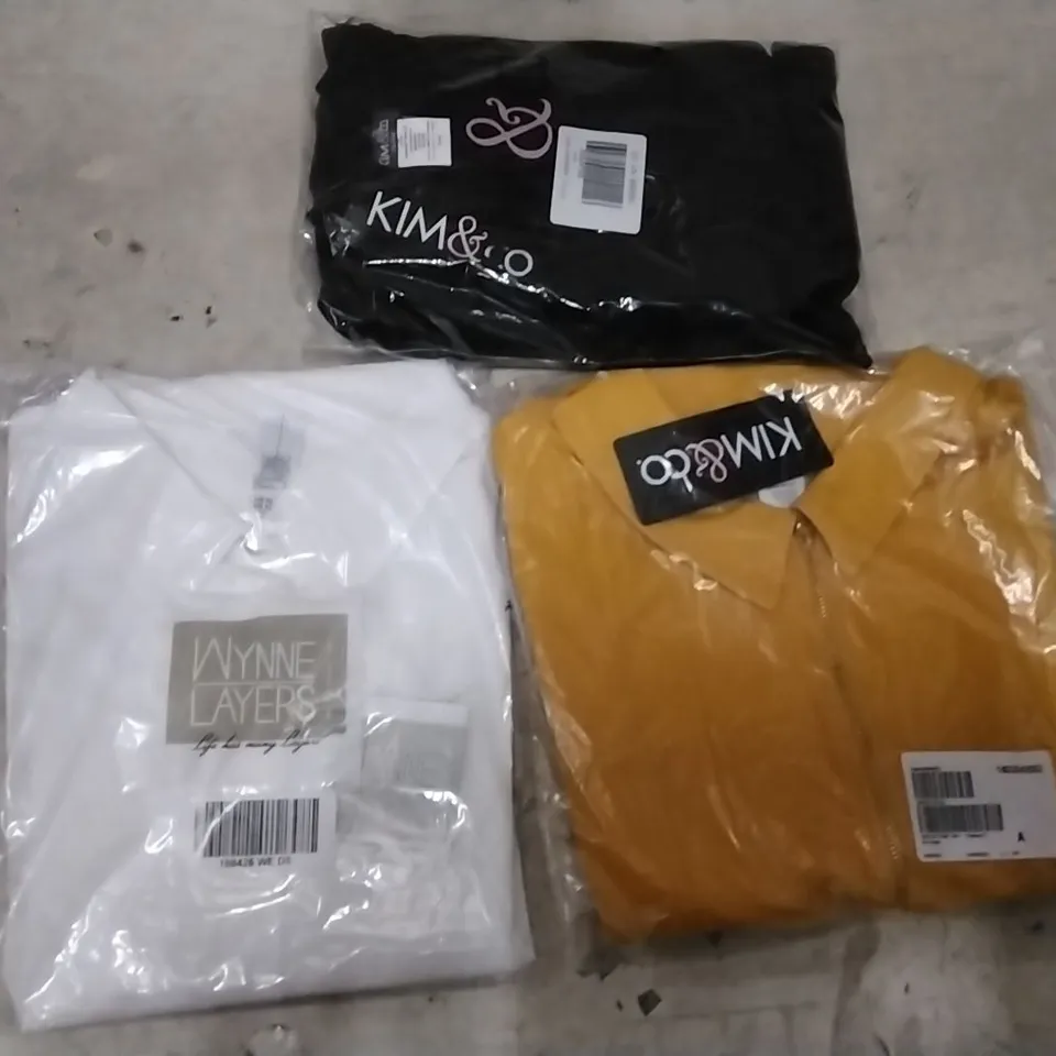BOX OF APPROXIMATELY 42 ASSORTED CLOTHING ITEMS TO INCLUDE KIM&CO ZIP FRONT JACKET YELLOW XL, WYNNE LAYERS WHITE BUTTON UP SHIRT XL, KIM&CO NAVY JUMPSUIT XL