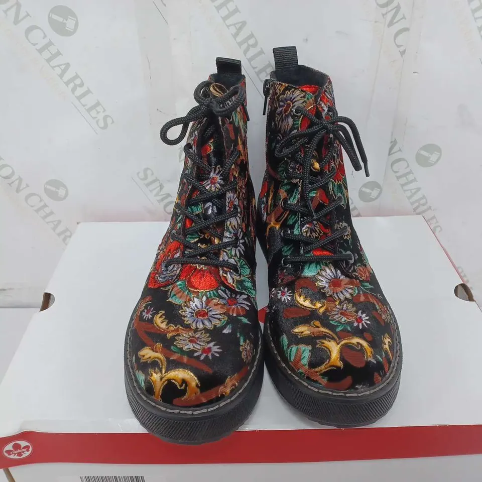 BOXED PAIR OF RIEKER LACE UP BOOTS MULTI/FLORAL PATTERN - SIZE 38