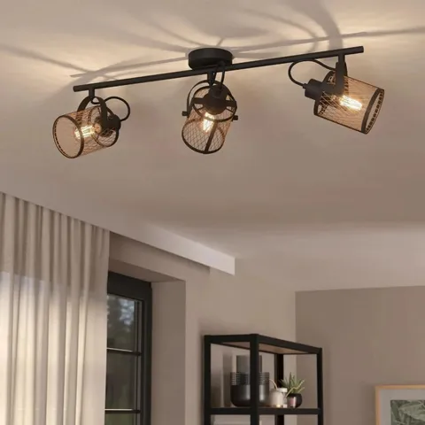 BOXED EGLO DELLOW 3 LIGHT BLACK STEEL LATTICE STYLE ADJUSTABLE WALL OR CEILING SPOTLIGHT