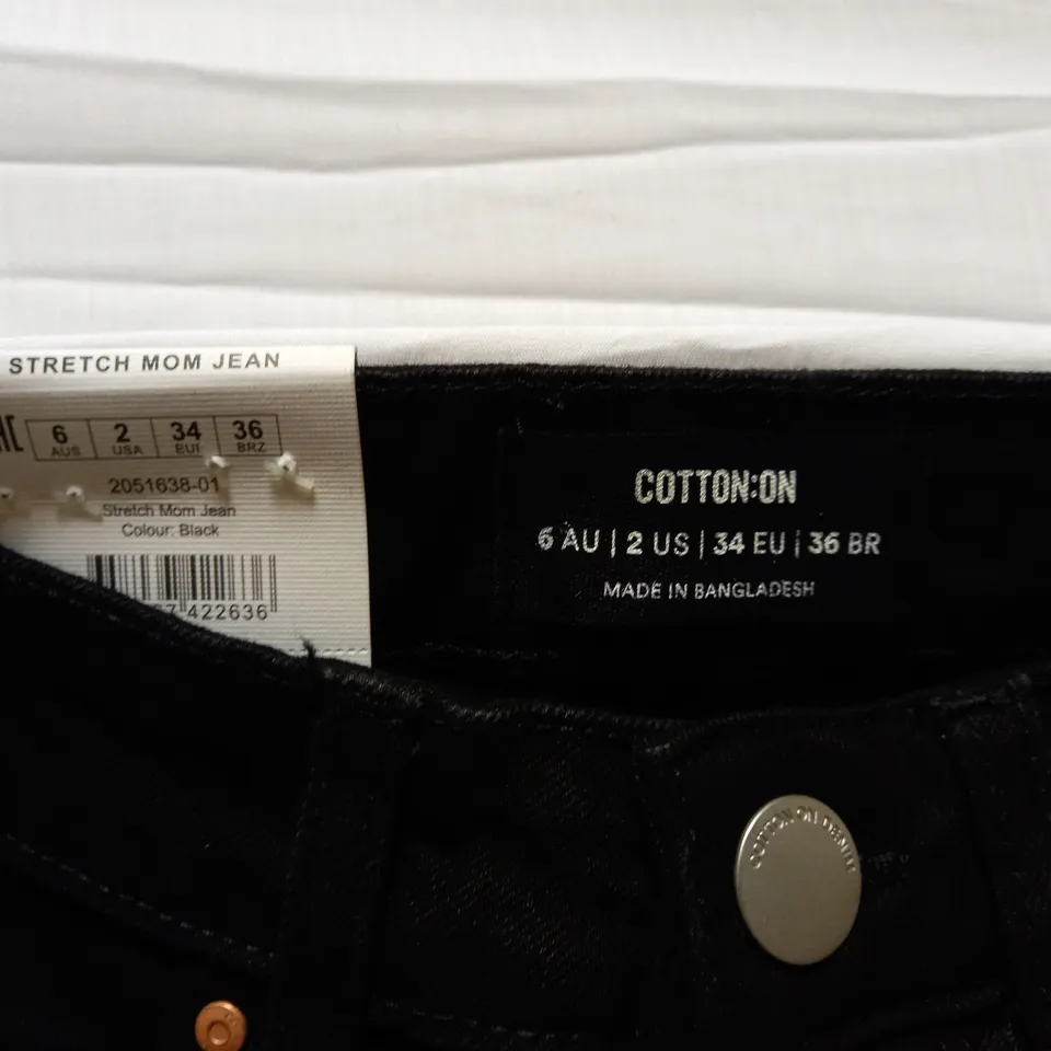 BOX OF APPROX 25 BRAND NEW COTTON:ON STRETCH MOM JEANS - BLACK SIZE AUS 6	