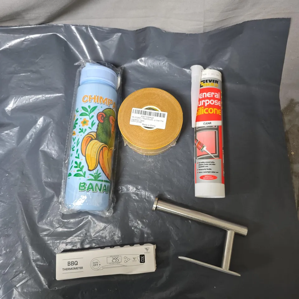 APPROXIMATELY 15 ASSORTED HOUSEHOLD ITEMS TO INCLUDE SILICONE SEALANT, DOUBLE SIDED TAPE, TOILET ROLL HOLDER, WATER BOTTLE, DIGITAL THERMOMETER