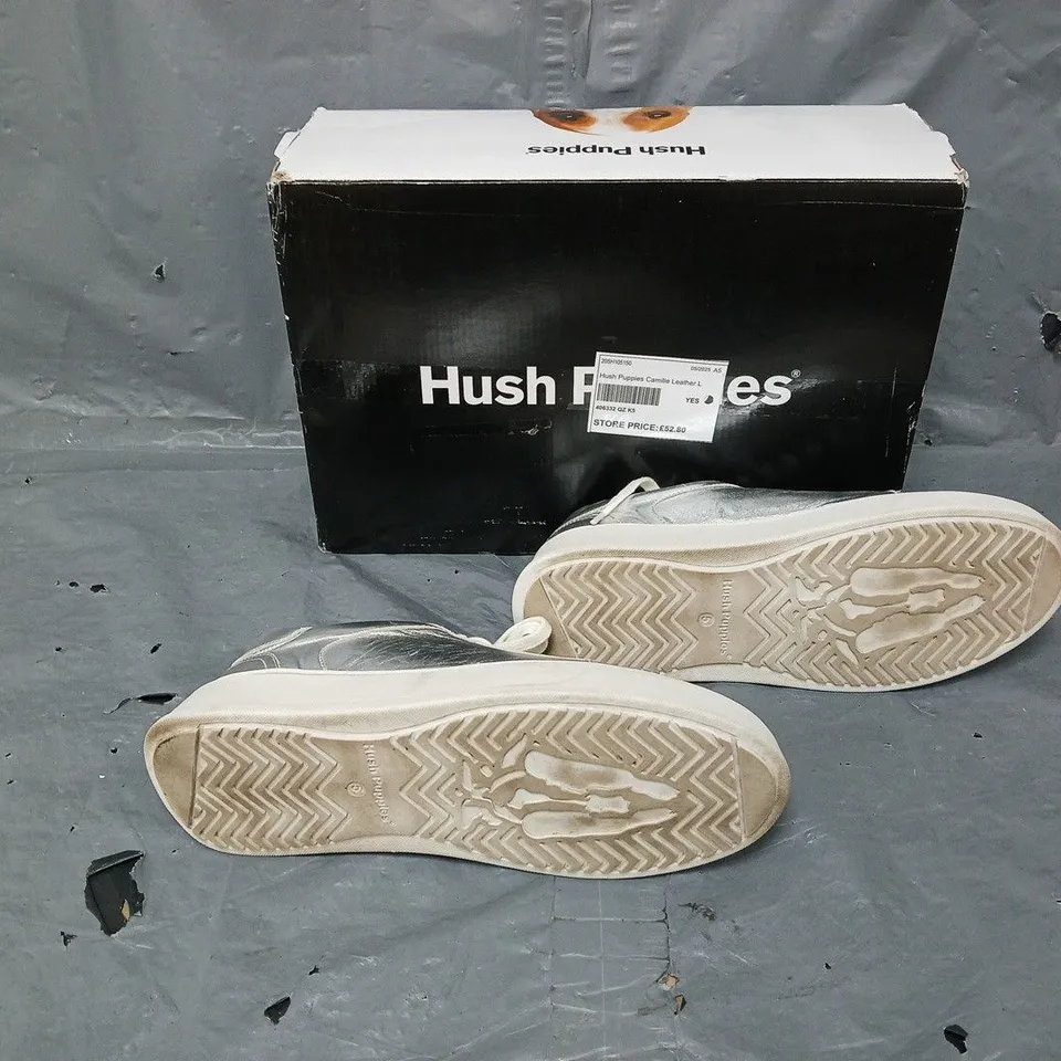BOXED PAIR OF HUSH PUPPIES WOMENS CAMILLE LACE CUPSOLE SILVER UK 5 
