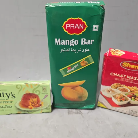 APPROXIMATELY 12 ASSORTED FOOD & DRINK ITEMS TO INCLUDE - MANGO BAR , CHAAT MASALA , AUNTYS GIKDEB SYRUP ETC