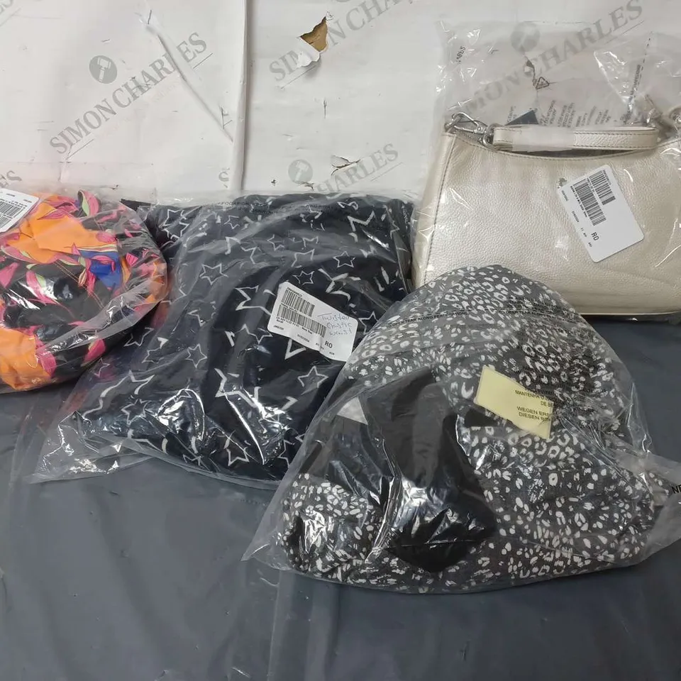 APPROXIMATELY 20 LADIES CLOTHING AND HANDBAGS IN VARIOUS COLOURS, SIZES AND STYLES