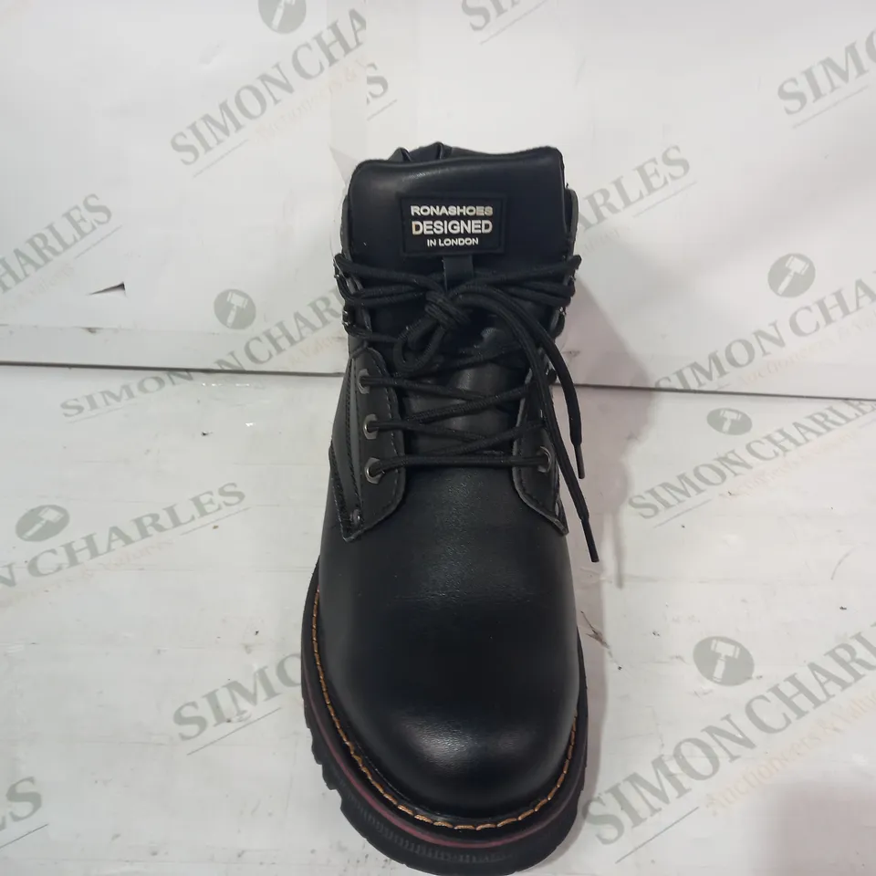 BOXED PAIR OF RONA SHOES LEATHER ANKLE BOOTS IN BLACK UK SIZE 8