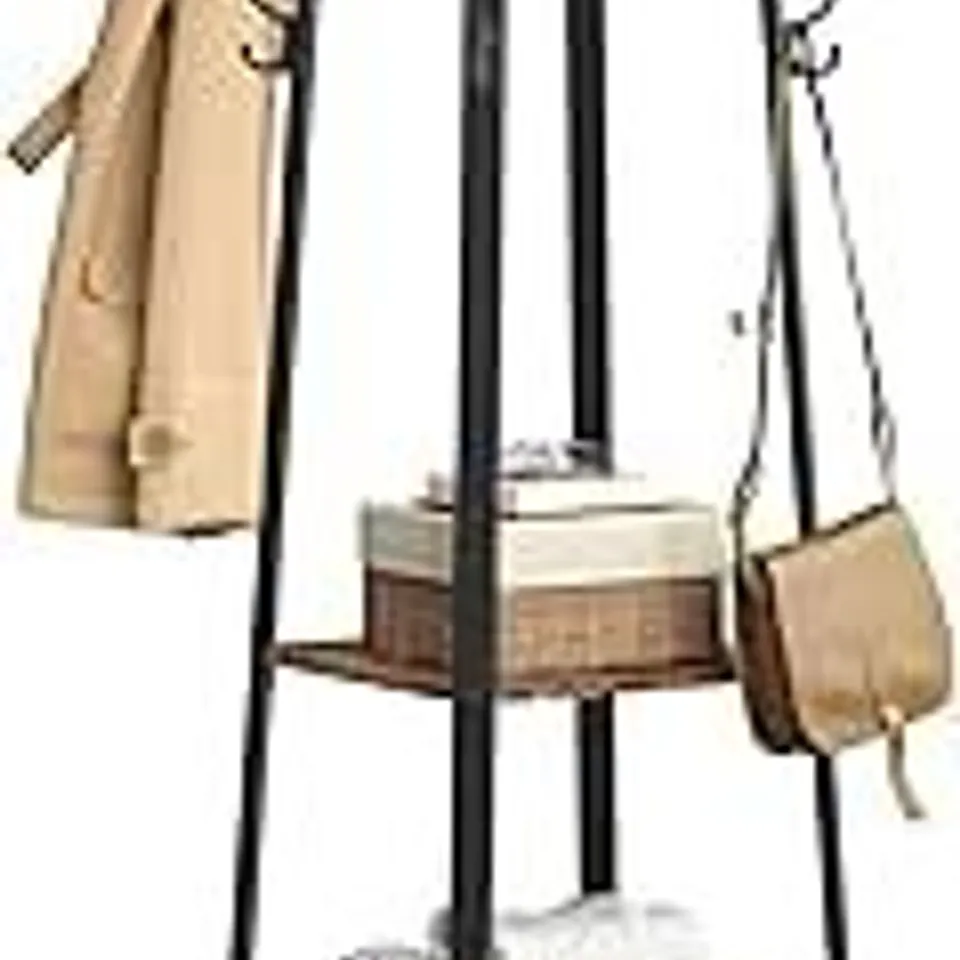 VASAGLE COAT RACK, COAT STAND WITH 3 SHELVES, LADDER SHELF WITH HOOKS FOR SCARVES, BAGS AND UMBRELLAS, STEEL FRAME, INDUSTRIAL STYLE, RUSTIC BROWN AND BLACK LCR80X
