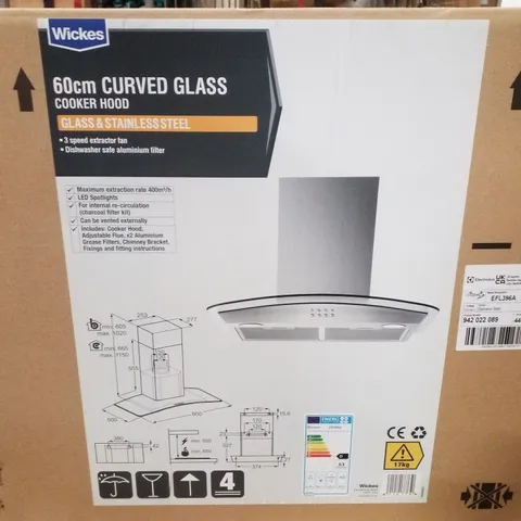 BOXED WICKES 60CM CURVED GLASS COOKER HOOD