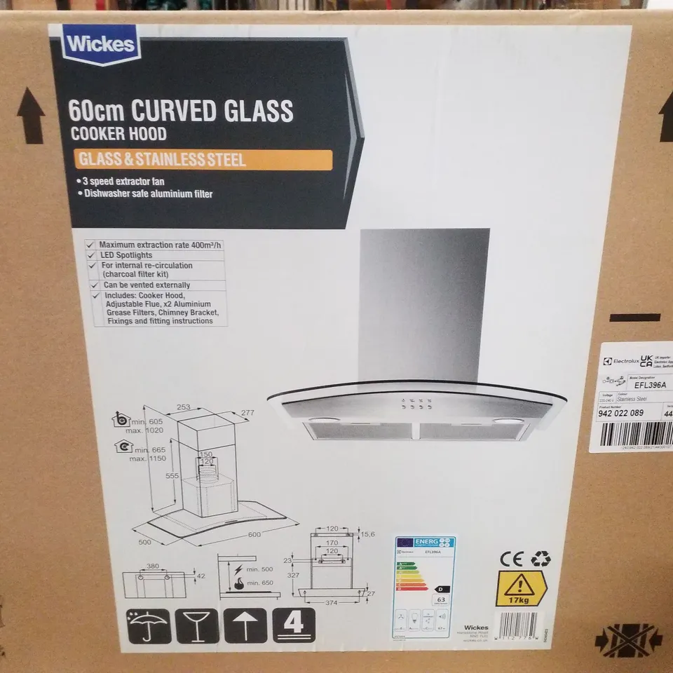 BOXED WICKES 60CM CURVED GLASS COOKER HOOD