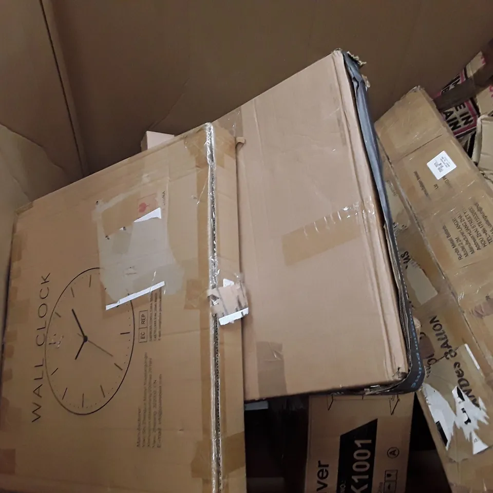 PALLET TO CONTAIN AN ASSORTMENT OF HOUSEHOLD ITEMS TO INCLUDE WALL CLOCKS, TV FLOOR STAND, LAPTOP BEDS AND ROLLATOR ECT
