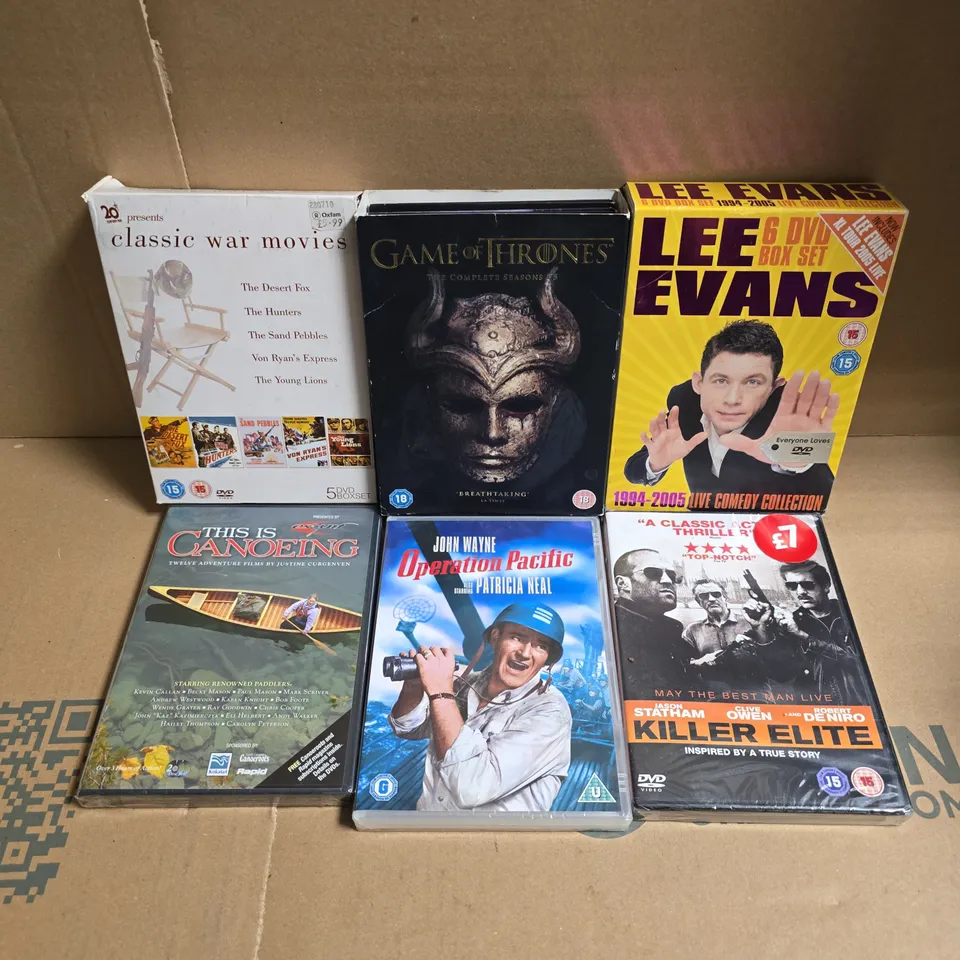 APPROXIMATELY 14 ASSORTED DVDS & BOXSETS TO INCLUDE LEE EVANS 6 DISC BOX SET, GAME OF THRONES SEASON 1-5, OPERATION PACIFIC, ETC