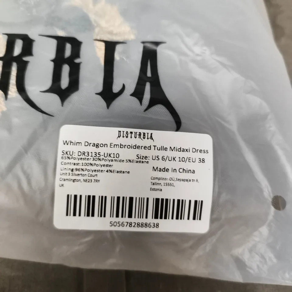 UK 10 (US 6 / EU 38) DISTURBIA WHIM DRAGON EMBROIDERED TULLE MIDAXI DRESS