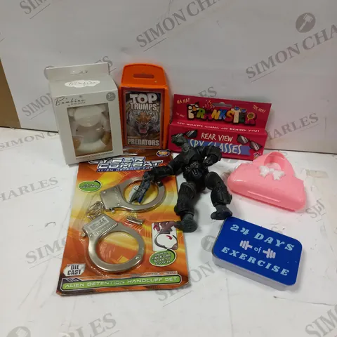 LARGE QUANTITY OF ASSORTED TOYS TO INCLUDE; PRANKSTER REAR VIEW SPY GLASSES, 21 DAYS OF EXERCISE, CYBER COMBAT ALIEN DEFENCE FORCE AND BAMBINO BY JULIANA SILICONE AND WOOD TEETHER