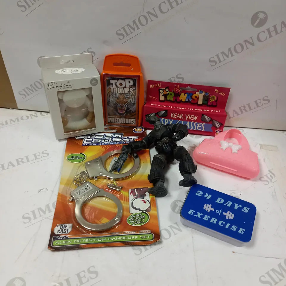 LARGE QUANTITY OF ASSORTED TOYS TO INCLUDE; PRANKSTER REAR VIEW SPY GLASSES, 21 DAYS OF EXERCISE, CYBER COMBAT ALIEN DEFENCE FORCE AND BAMBINO BY JULIANA SILICONE AND WOOD TEETHER 