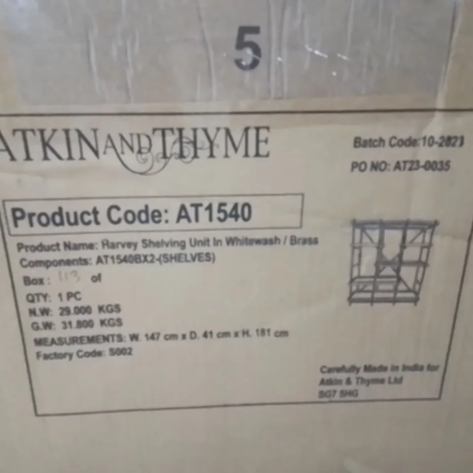 BOXED HARVEY SHELVING UNIT IN WHITEWASH/BRASS