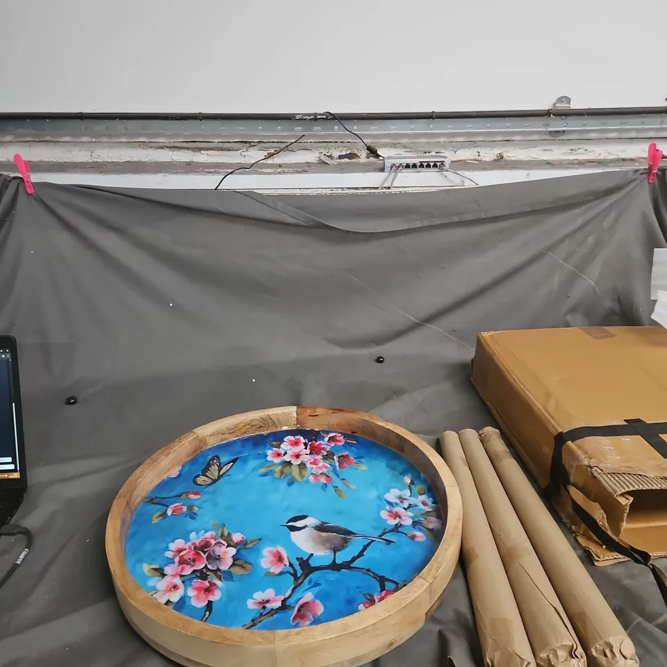 CIRCULAR WOOD-FRAMED TABLE  – BLUE BACKGROUND WITH BIRD AND BLOSSOMS