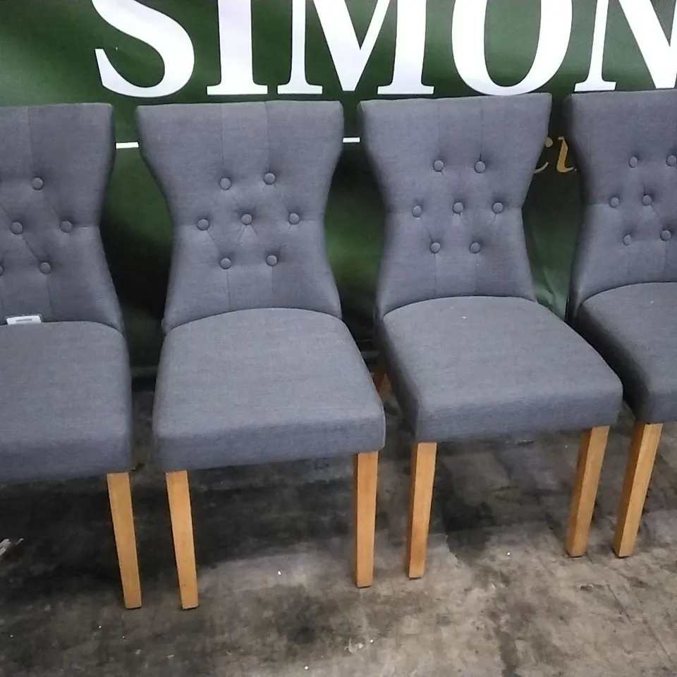 4 DARK GREY FABRIC BUTTONBACK DINING CHAIRS WITH WOODEN LEGS