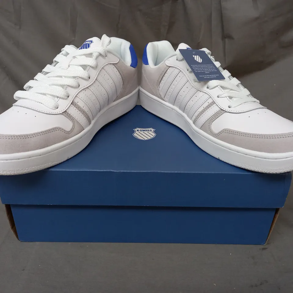 BOXED PAIR OF K.SWISS SHOES IN WHITE/GREY/BLUE UK SIZE 11