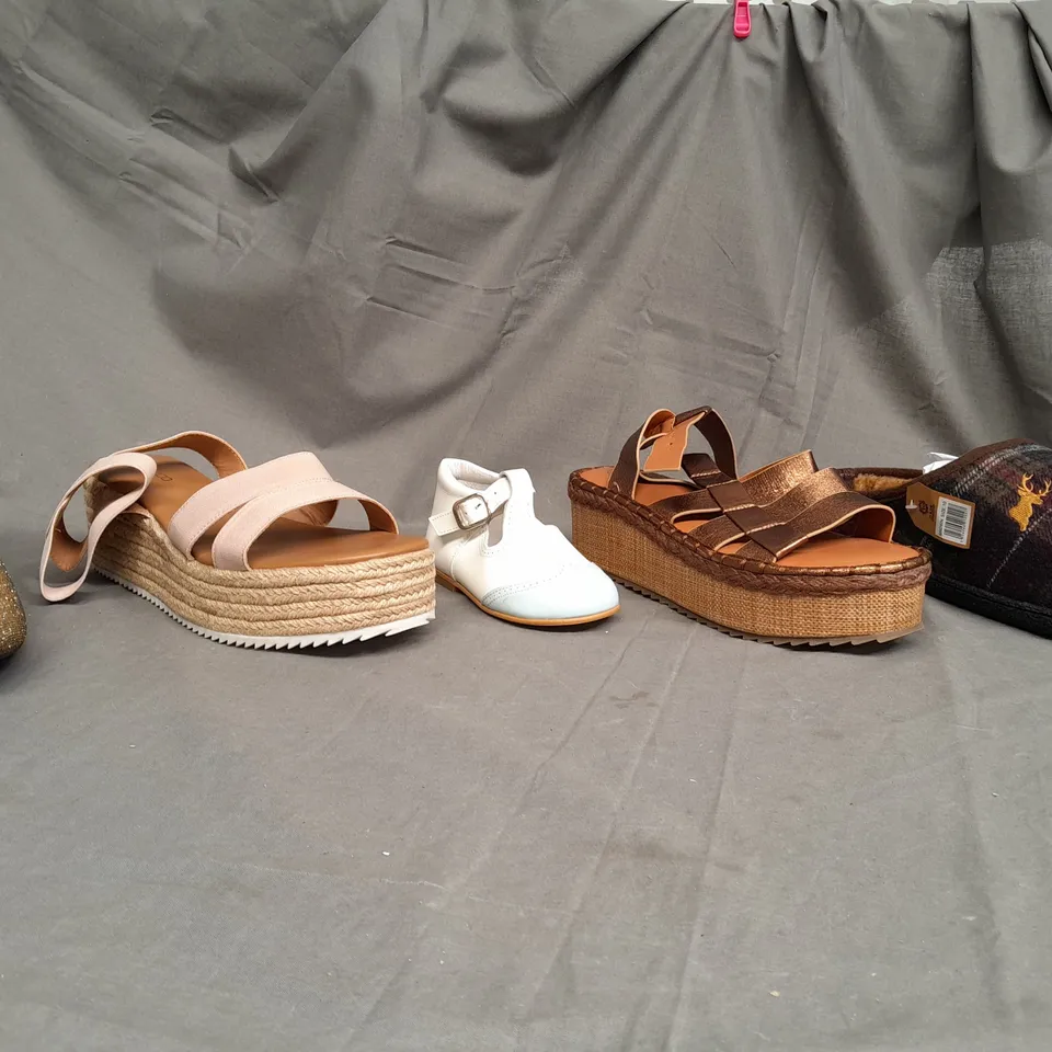 BOX OF APPROXIMATELY 15 PAIRS OF SHOES TO INCLUDE - SLIPPERS , SANDALS , HIGH HEELS ETC