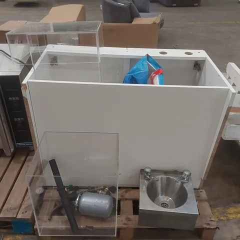 PALLET CONTAINING A VERY LARGE QUANTITY OF ASSORTED BAKERY ITEMS INCLUDING: SINK PARTS, CABINET, DISPLAY BOXES ECT