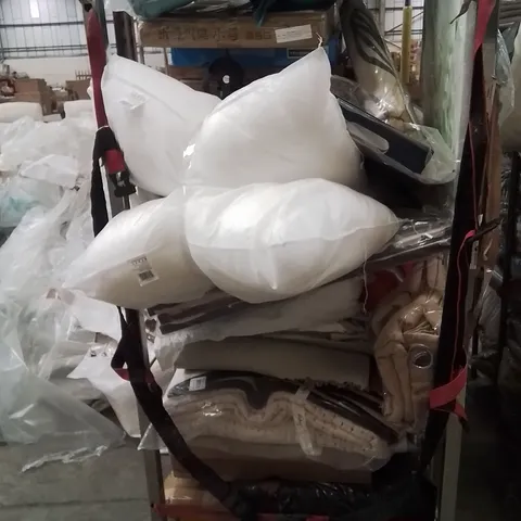 CAGE OF ASSORTED HOUSEHOLD GOODS AND PRODUCTS TO INCLUDE;PILLOWS,CURTAINS,CANVAS PRINT,TOILET SEAT,CHAIR PAD