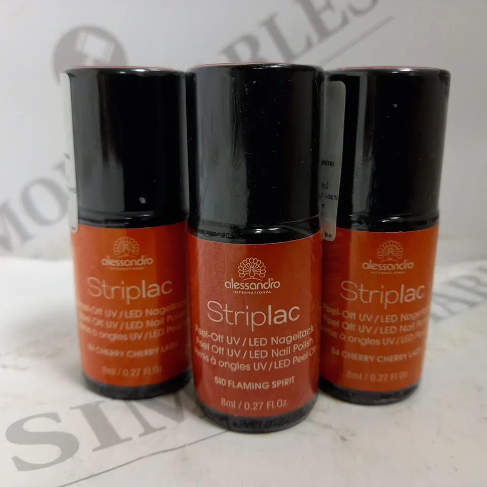 BOX OF APPROX 50 X 8ML ALESSANDRO STRIPLAC PEEL-OFF UV LED NAIL POLISH #84 CHERRY CHERRY LADY & #510 FLAMING SPRIIT 