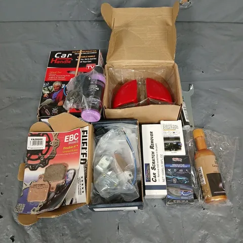 APPROXIMATELY 10 ASSORTED CAR ACCESSORIES TO INCLUDE DOUBLE-H SINTERED BRAKES, BLIND SPOT MIRRORS, HEADLIGHT REPAIR POLISH - ETC