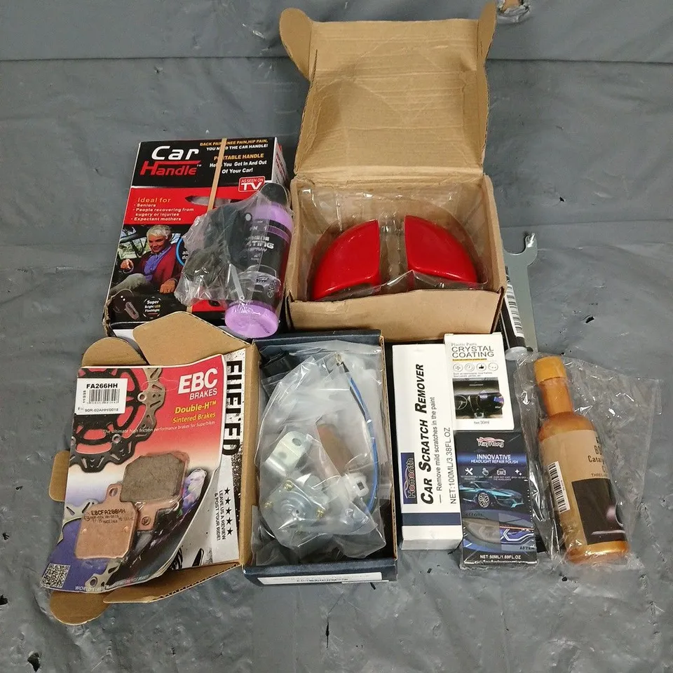 APPROXIMATELY 10 ASSORTED CAR ACCESSORIES TO INCLUDE DOUBLE-H SINTERED BRAKES, BLIND SPOT MIRRORS, HEADLIGHT REPAIR POLISH - ETC