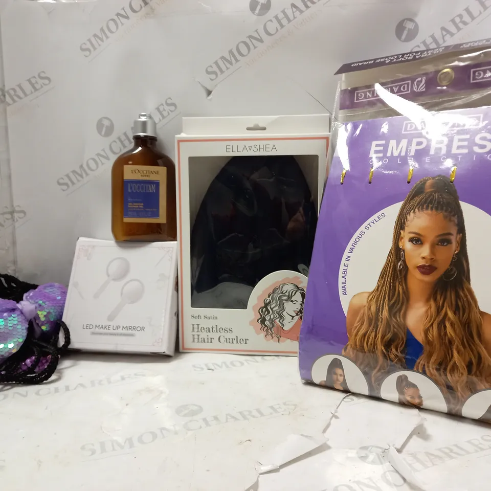 BOX OF APPROX 7 ASSORTED HEALTH AND BEAUTY ITEMS TO INCLUDE - DARLING EMPRESS WIG - L'OCCITANE HOMME SHOWER GEL - LED MAKE UP MIRROR ECT