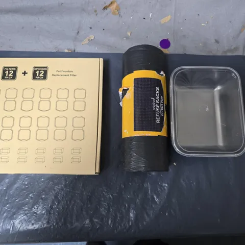 APPROXIMATELY 10 ASSORTED HOUSEHOLD ITEMS TO INCLUDE REFUSE SACKS, PET FOUNTAIN REPLACEMENT FILTER & METAL BOWLS ETC