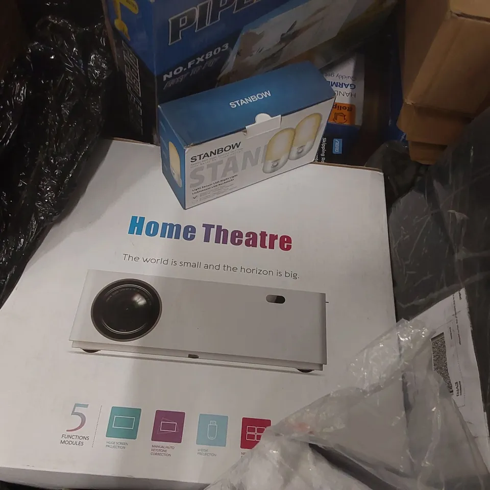 PALLET CONTAINING A LARGE QUANTITY OF ASSORTED ITEMS INCLUDING: ULTRASONIC CLEANERS, 1080P HOME THEATRE PROJECTOR, PIPER J-3 CUB TOY GLIDER. LED NIGHT LIGHTS ECT