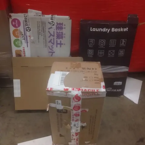 PALLET OF ASSORTED ITEMS INCLUDING AIR MULTIPLIER TOWER FAN, WIRE BOARD NOTEPADS, LAUNDRY BASKET