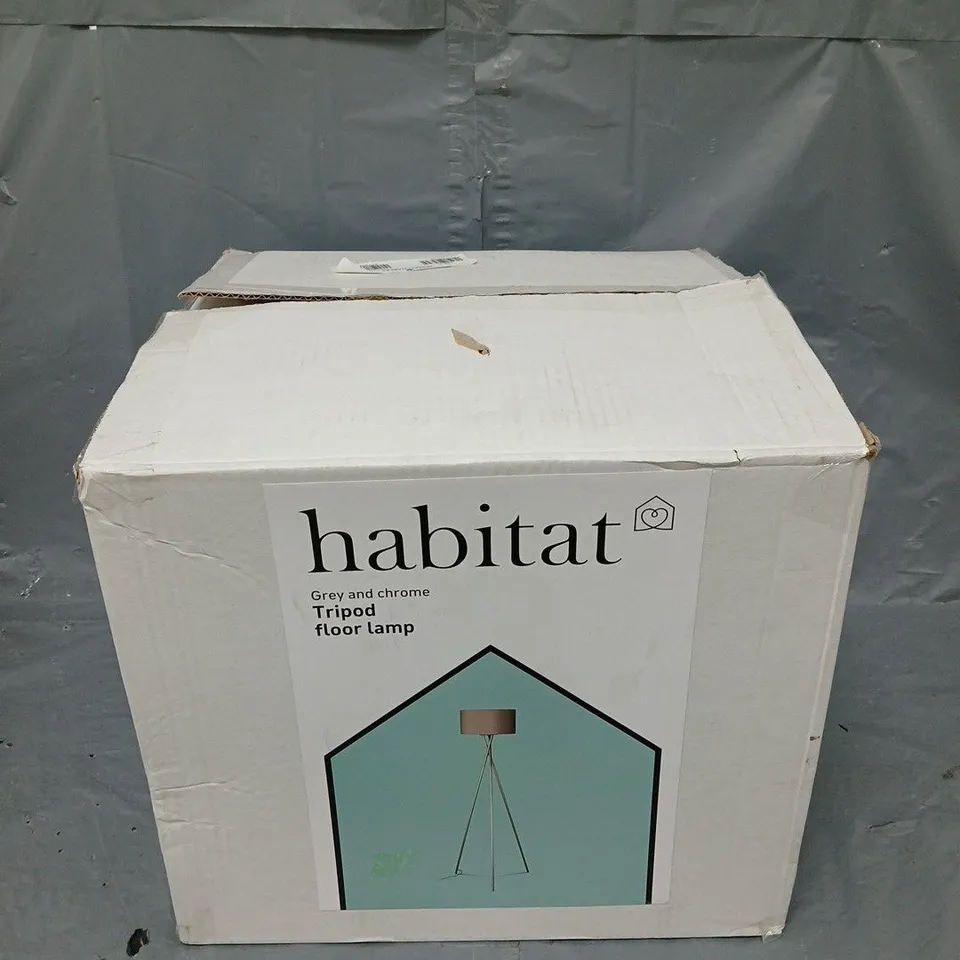 BOXED HABITAT TRIPOD FLOOR LAMP IN GREY AND CHROME