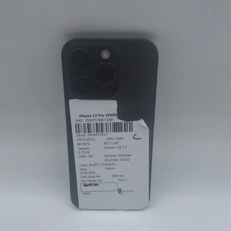 UNBOXED APPLE IPHONE 15 PRO 256GB IN BLACK TITANIUM - A3102