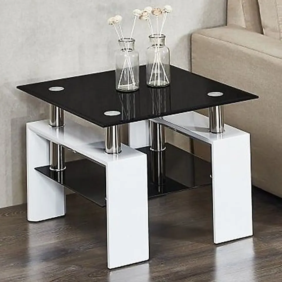 BRAND NEW BOXED KONTRAST SIDE TABLE IN BLACK GLASS AND HIGH GLOSS WHITE LEGS (2 BOXES)