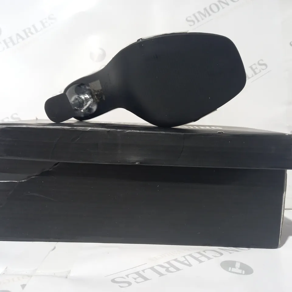BOXED PAIR OF PRETTY LITTLE THING OPEN TOE HIGH HEEL SANDALS IN BLACK W. CLEAR STRAP SIZE 5