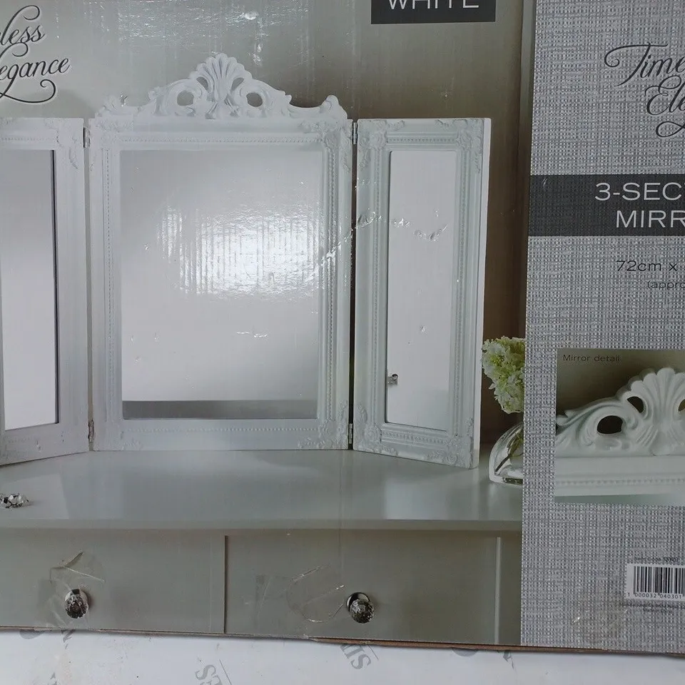 BOXED TIMELESS ELEGANCE 3 SECTION MIRROR APPROX 72 X 57CM WHITE