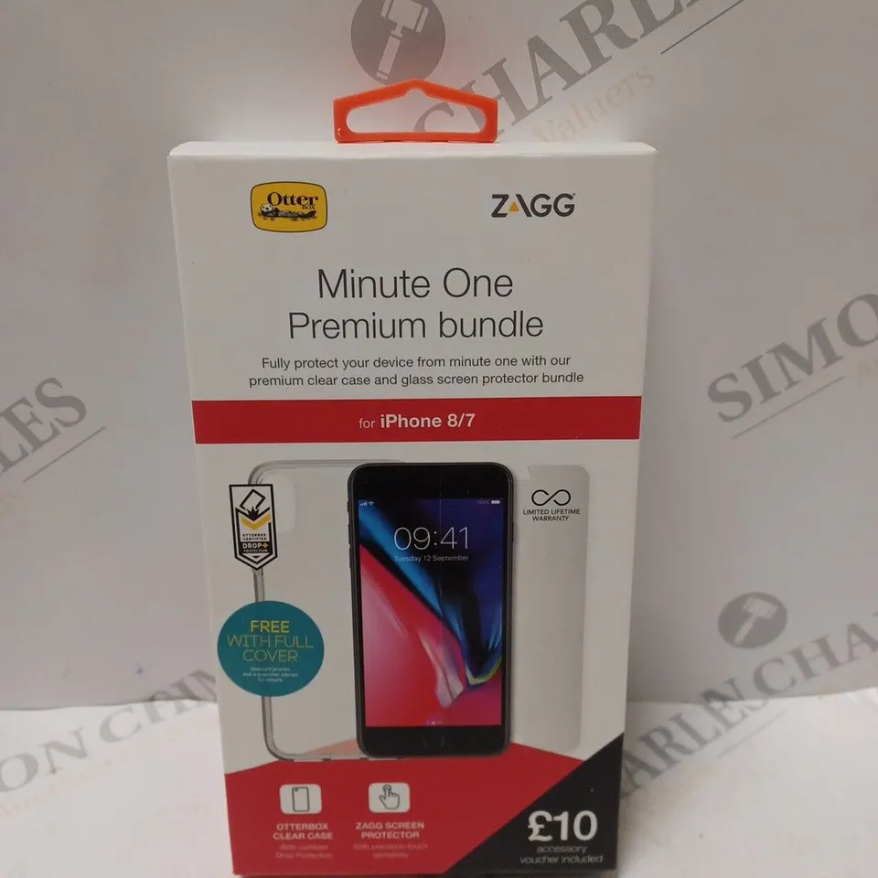 BOX OF APPROXIMATELY 25 ZAGG MINUTE ONE PREMIUM BUNDLE FOR IPHONE 8/7