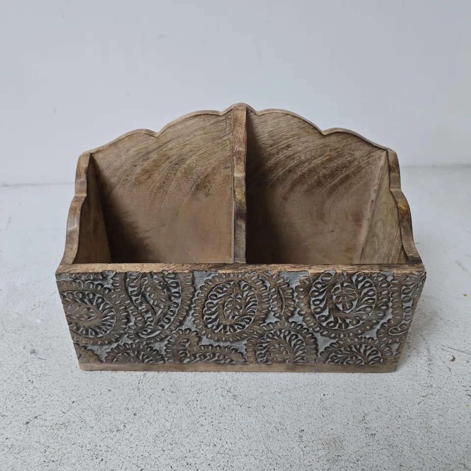 CARVED WOODEN TRINKET BOX WITH DUAL COMPARTMENTS – FLORAL SCROLLWORK