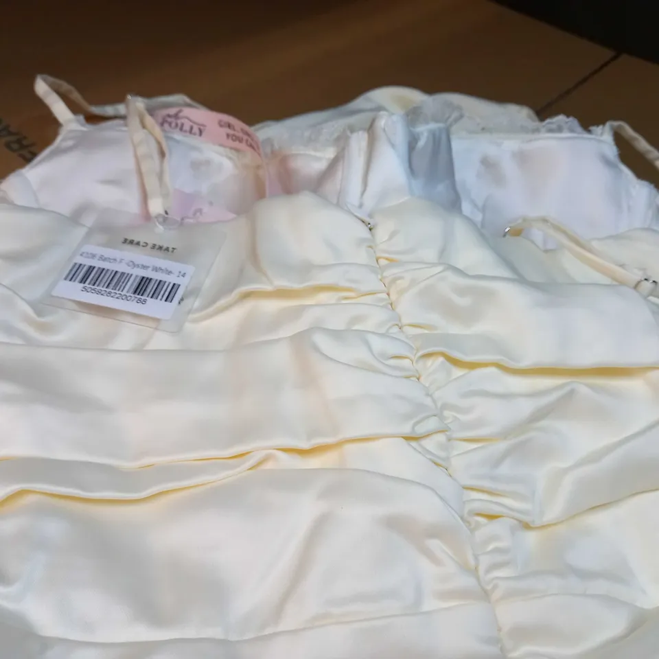 OH POLLY OYSTER WHITE RUCHED SATIN STATEMENT MINI DRESS - SIZE 14