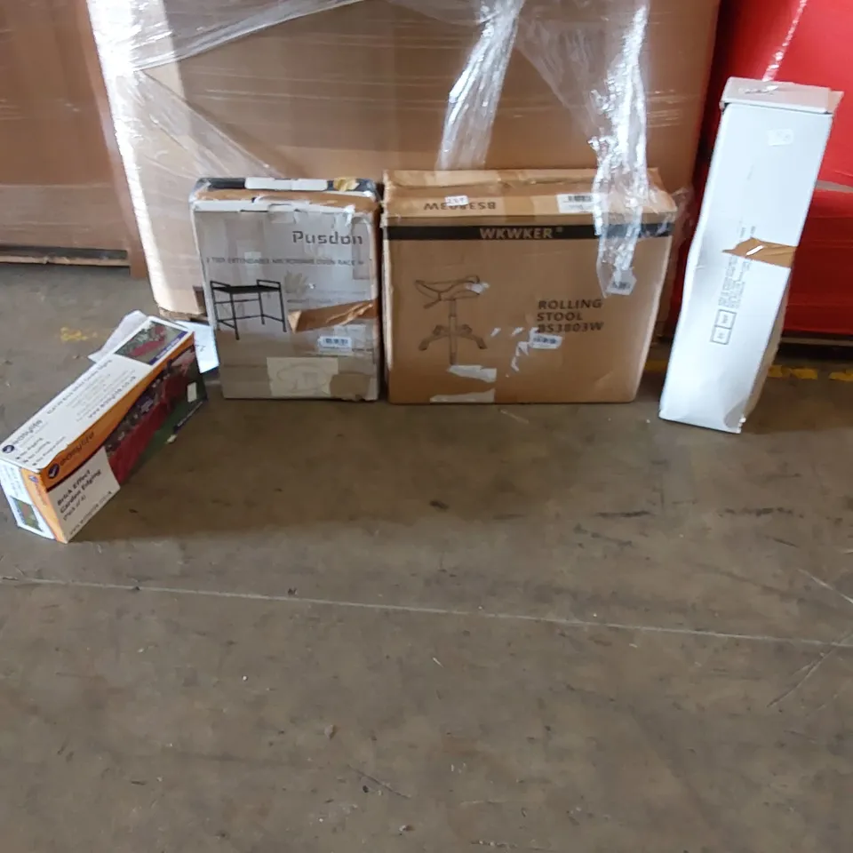 PALLET OF ASSORTED ITEMS INCLUDING,ROLLING STOOL, SHOWER HEAD MIXER, BRICK EFFECT GARDEN EDGING, 2 TIER MICROWAVE OVEN RACK