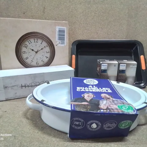 BOX TO CONTAIN ASSORTED HOUSEHOLD GOODS AND PRODUCTS TO INCLUDE; LE CRESSET OVEN TRAY, PHILLIPS HUE BULBS, RETRO WALL,CLOCK