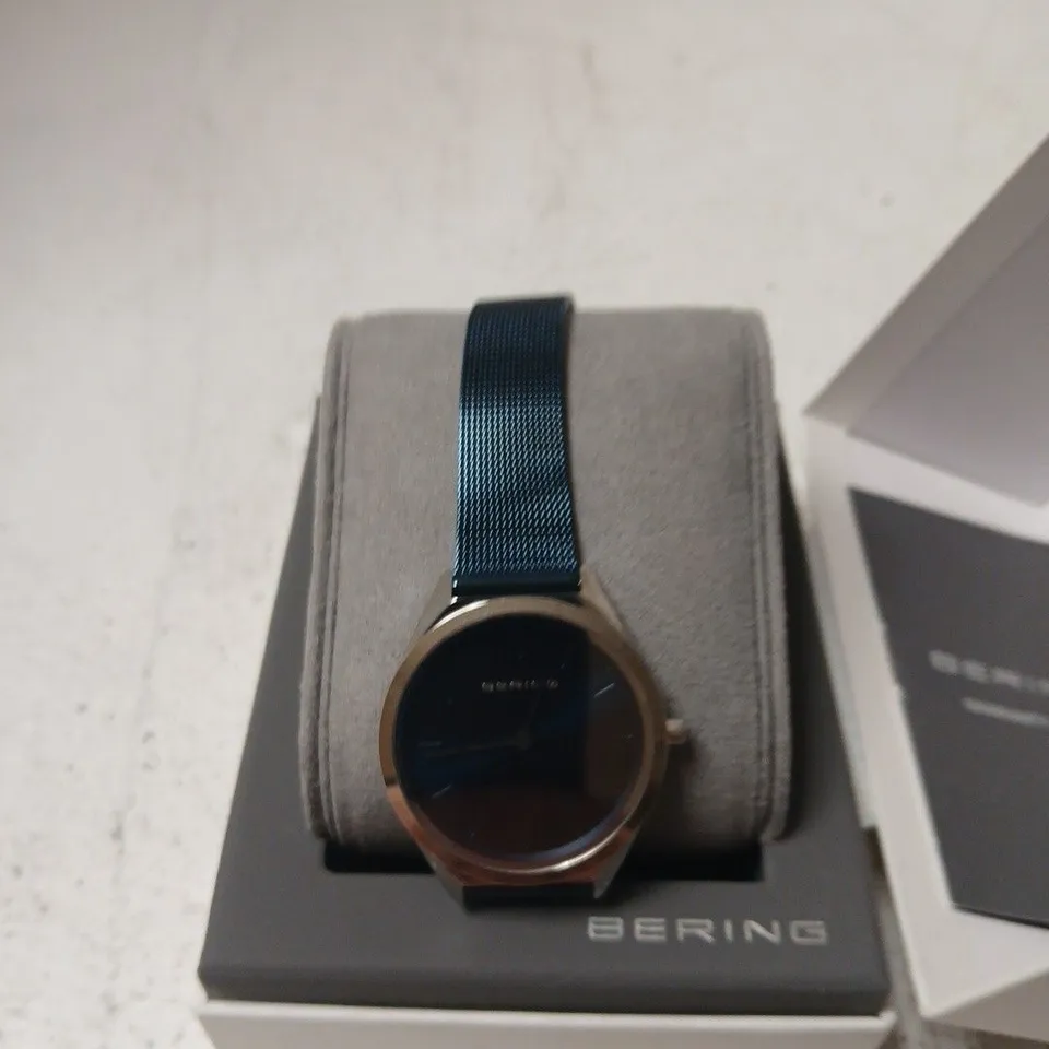 BERING WRISTWATCH WITH BLUE MESH STRAP – ROSE-GOLD TONE CASE (BOXED)