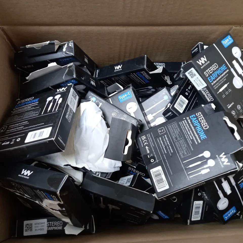 BOX OF APPROX 30 WHITE NOISE STEREO WIRED EAR PHONES 