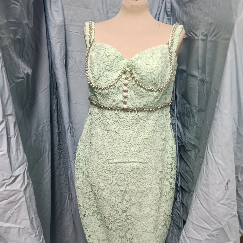 SELF-PORTRAIT GREEN CORD LACE DIAMANTE MIDI DRESS – UK14 (US10)