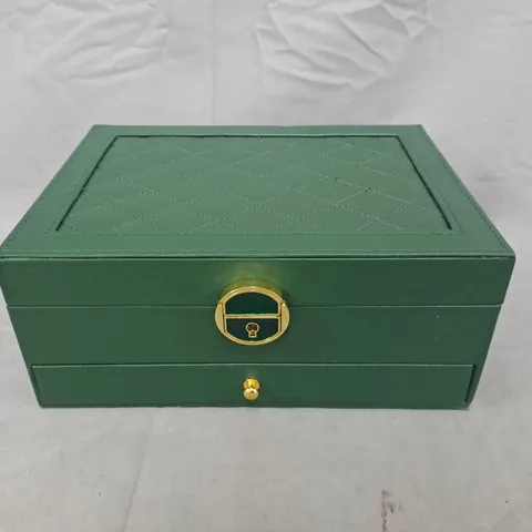 UNBRANDED GREEN QUILTED JEWELLERY BOX WITH RING ROLLS AND PULL-OUT DRAWER
