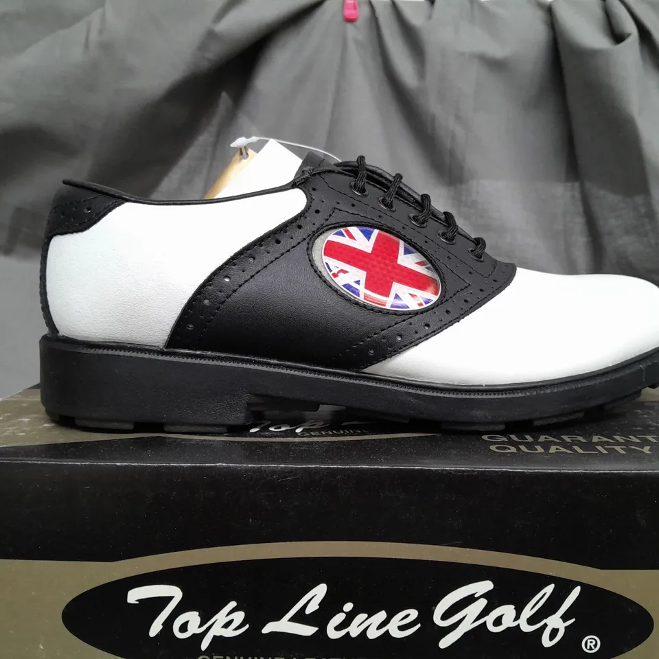 BOX OF APPROX 12 TOP LINE GOLF BLACK & WHITE GOLF SHOES IN VARIOUS SIZES