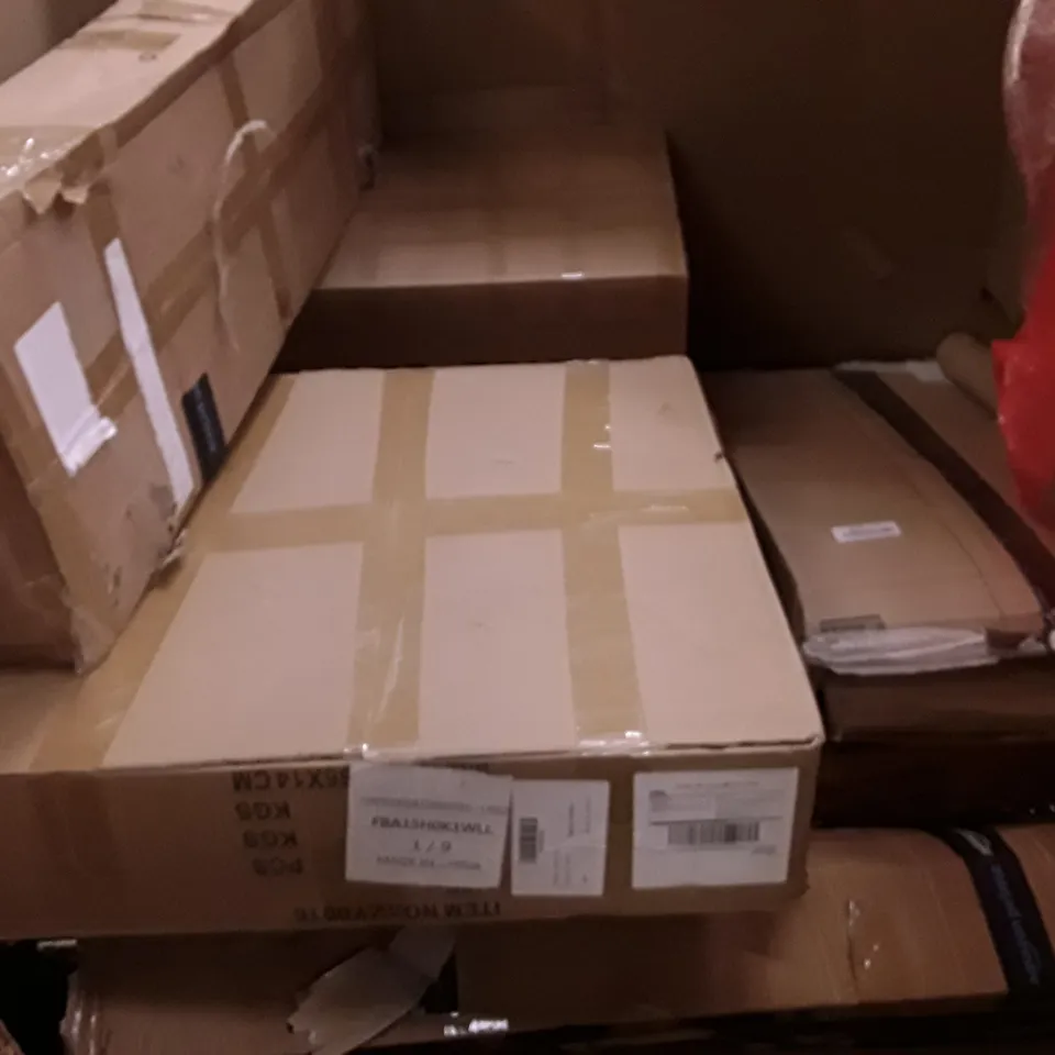 PALLET OF ASSORTED HOUSEHOLD ITEMS TO INCLUDE ELECTRIC FRYER, WALL SHELVES, TRASH CAN AND TELESCOPE