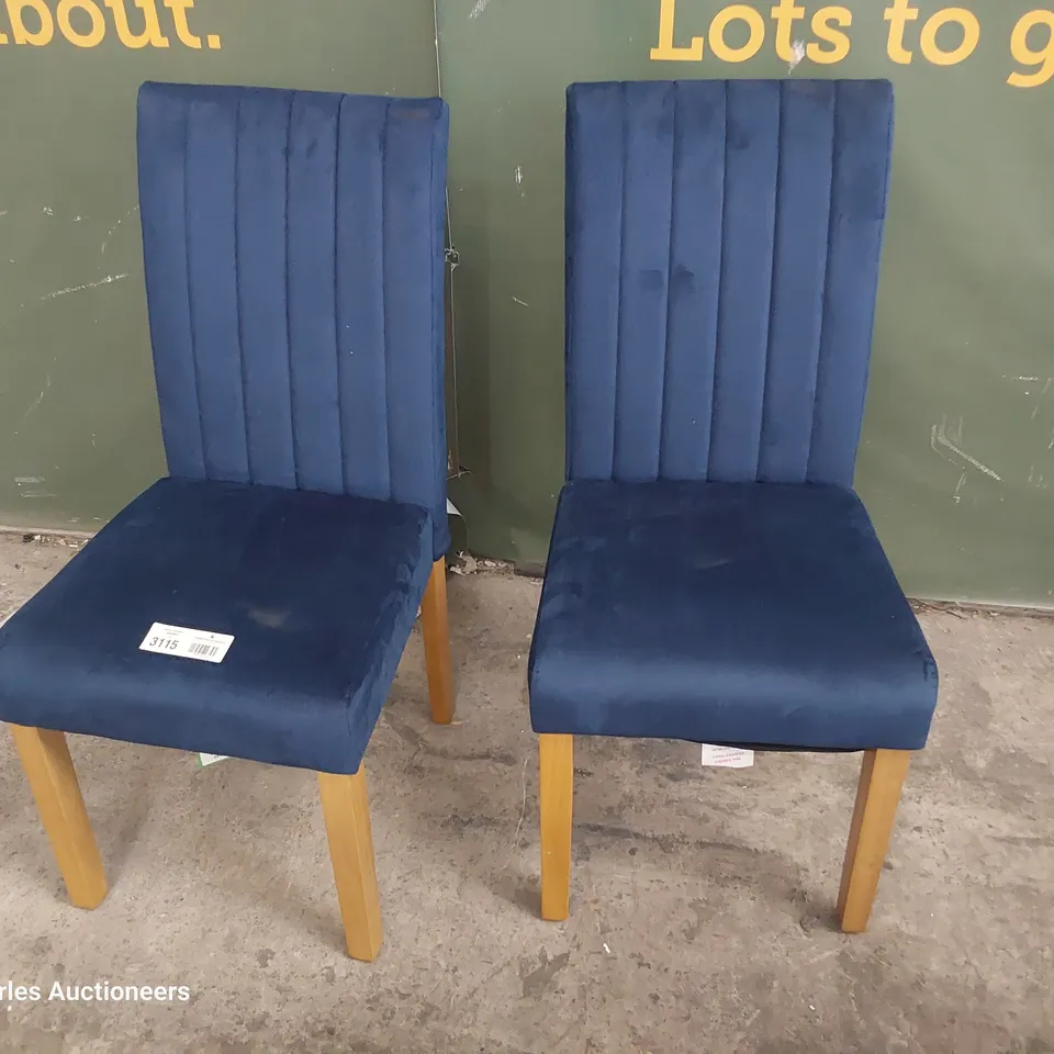 PAIR OF UPHOLSTERED DINING CHAIRS BLUE PLUSH FABRIC ON NATURAL LEGS 
