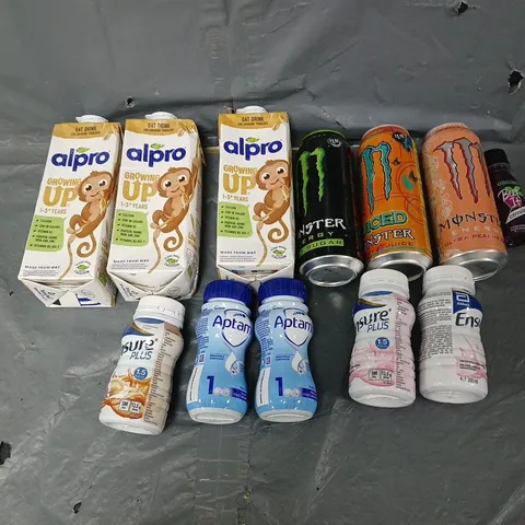 TOTE OF APPROXIMATELY 10 ASSORTED DRINKS ITEMS TO INCLUDE - MONSTER, ALPRO MILK, AND ENSURE PLUS ETC. 